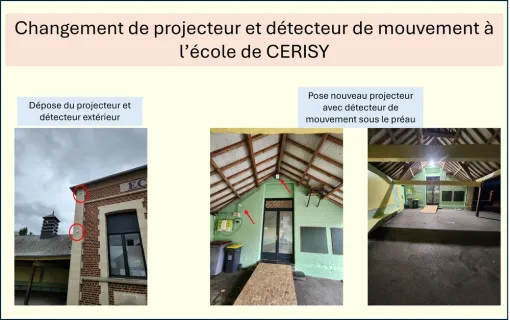 Installation d'un projecteur sous le préau de l'école de Cerisy, Amiens, SEB'ELEC