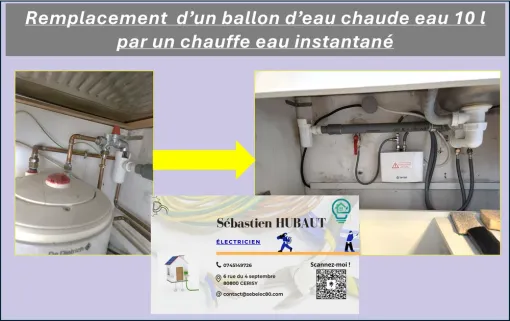 Changement d'un ballon d'eau chaude électrique de 10 litres par un chauffe-eau instantané, Amiens, SEB'ELEC